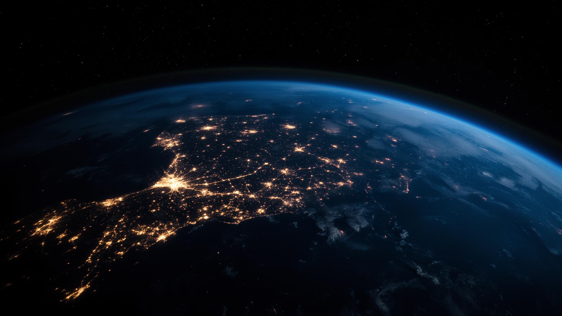Vista da Terra à noite com luzes das cidades vistas do espaço